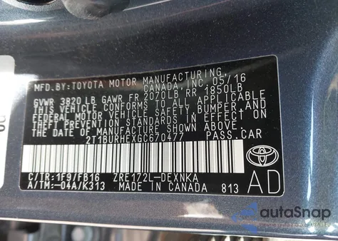 2016 Toyota Corolla Le из США, поврежденный, VIN 2T1BURHEXGC670477